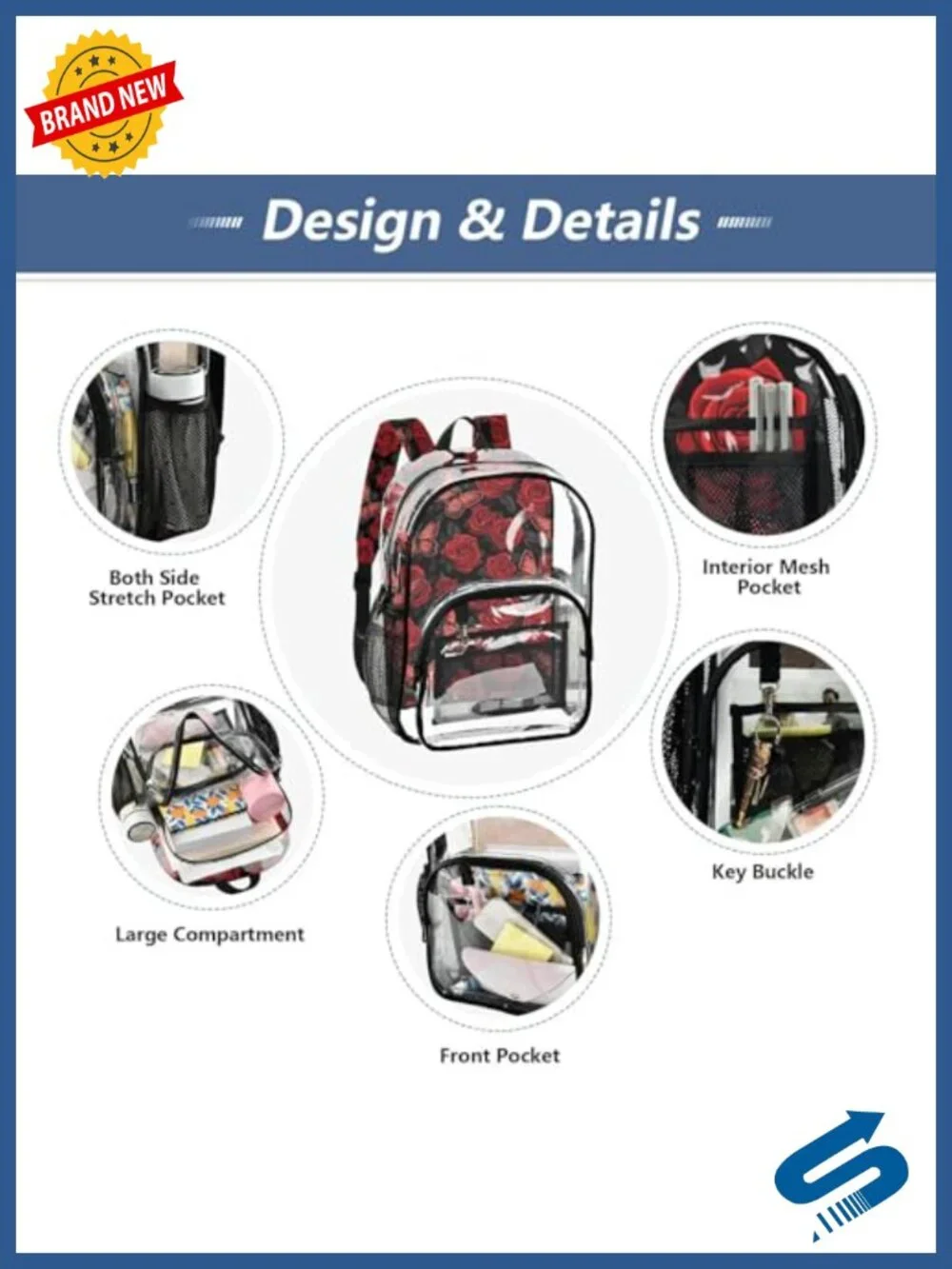 Clear PVC Backpack with Rose and Butterfly Design, Transparent Daypack for